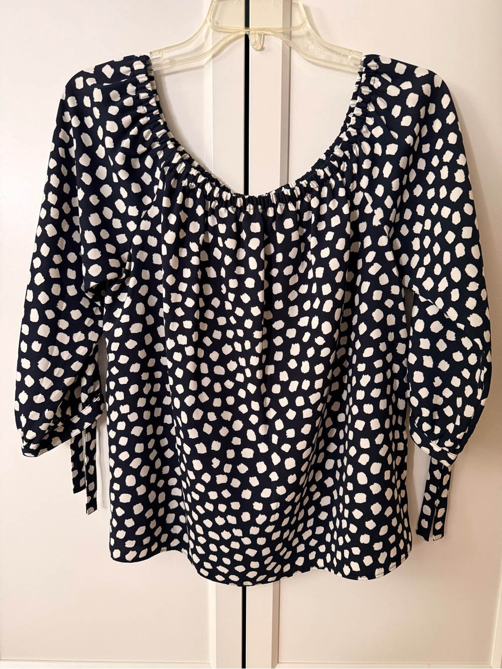 J. Crew Navy Peasant Blouse with White Spot Print